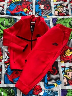 Nike Tech Red Kids Jogger Set with Black Logo Trim